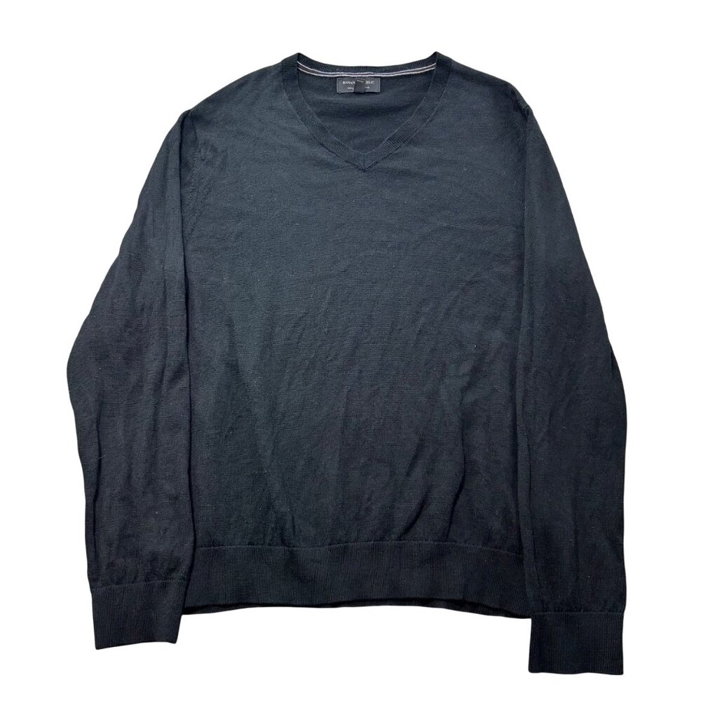 Banana Republic Black V-Neck Sweater L 100% Merino Wool Lightweight Long Sleeve